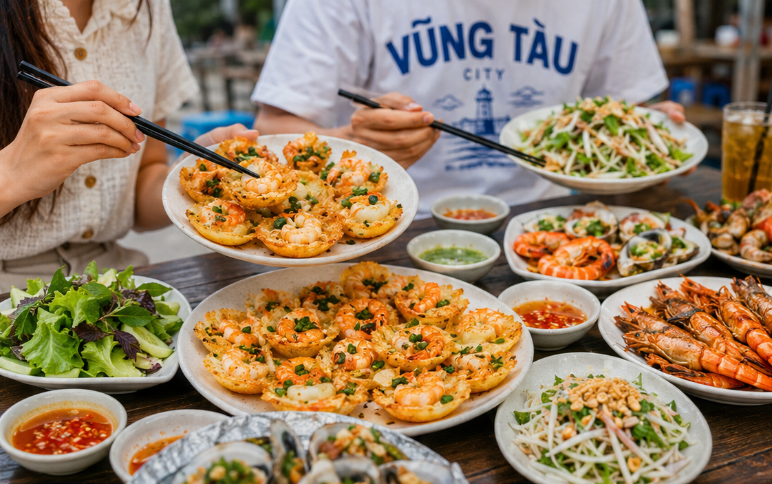 Du khách thưởng thức bánh khọt và hải sản tại Vũng Tàu